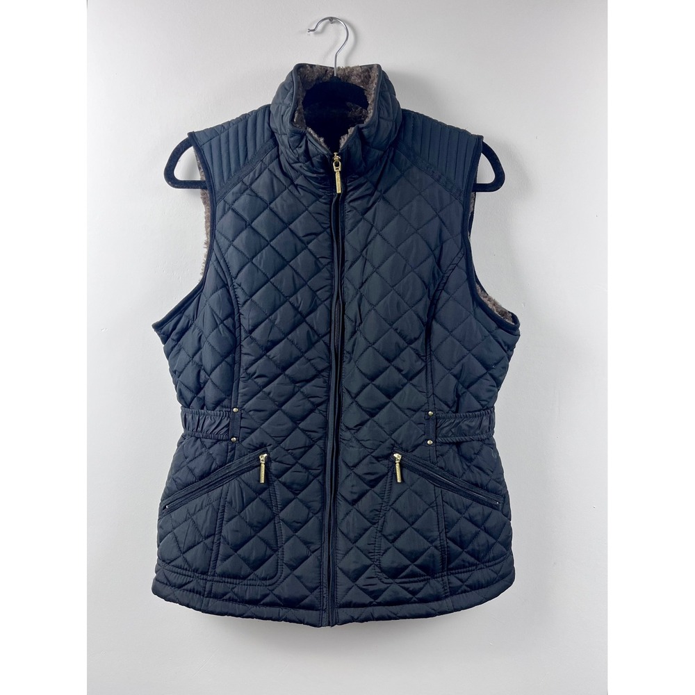 Weatherproof Black Quilted Faux Fur Lined Puffer Vest Women's Medium Full Zip